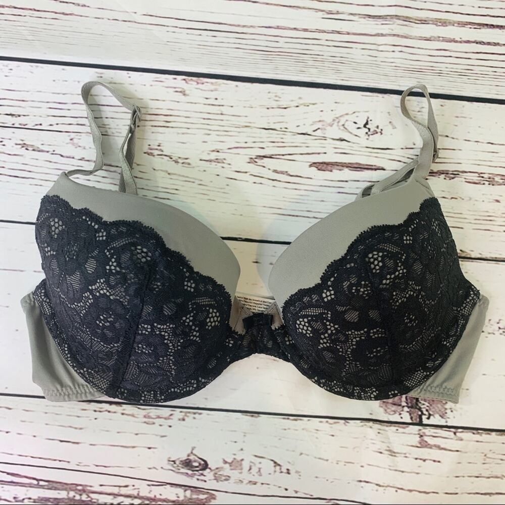 Maidenform grey black lace padded push up bra